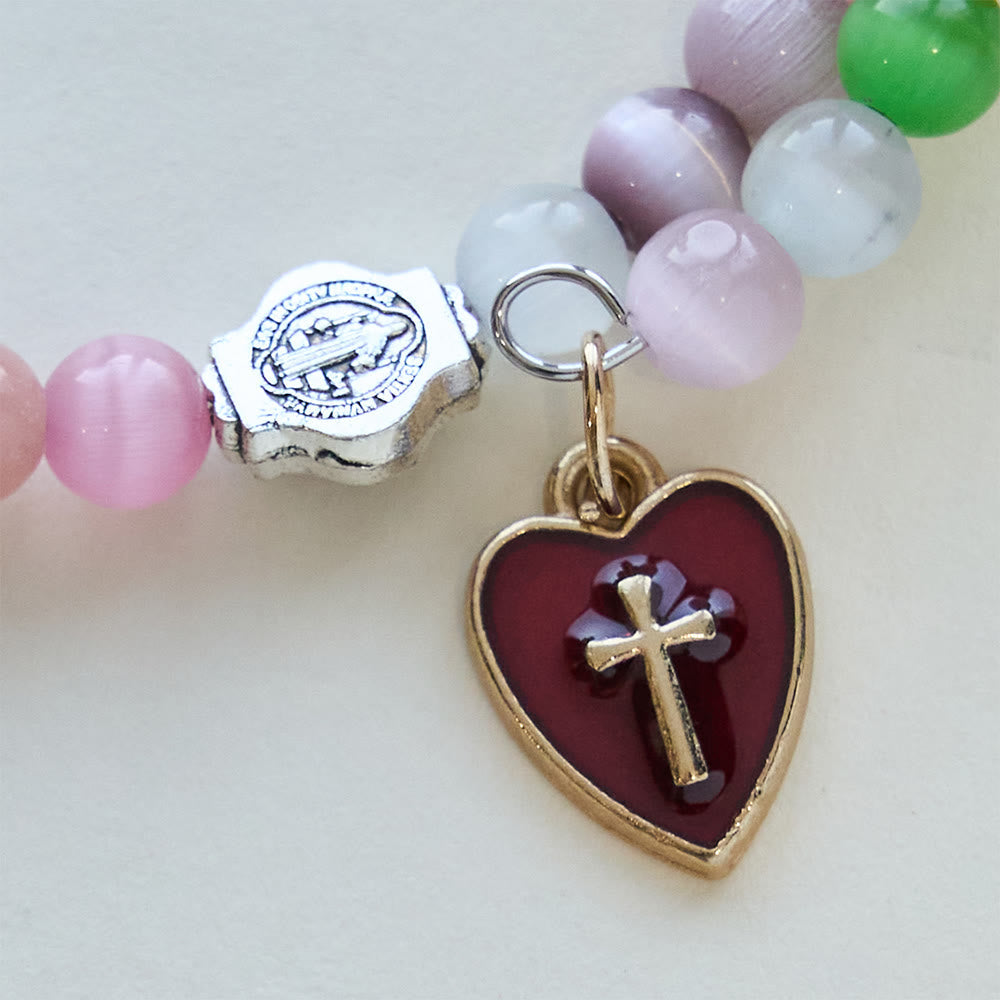 6mm Multicolor Cat's Eye Memory Wire Rosary Bracelet with St. Benedict Accents
