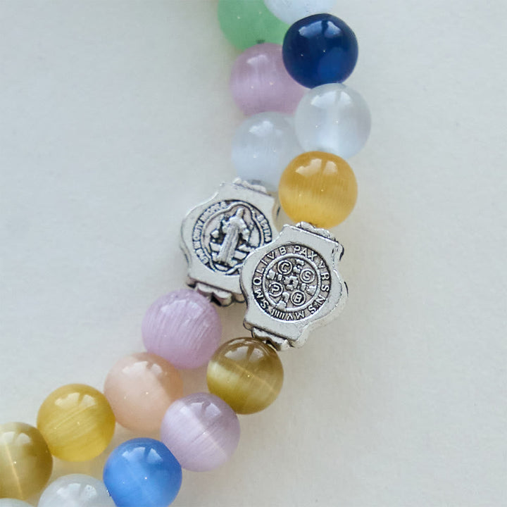 6mm Multicolor Cat's Eye Memory Wire Rosary Bracelet with St. Benedict Accents