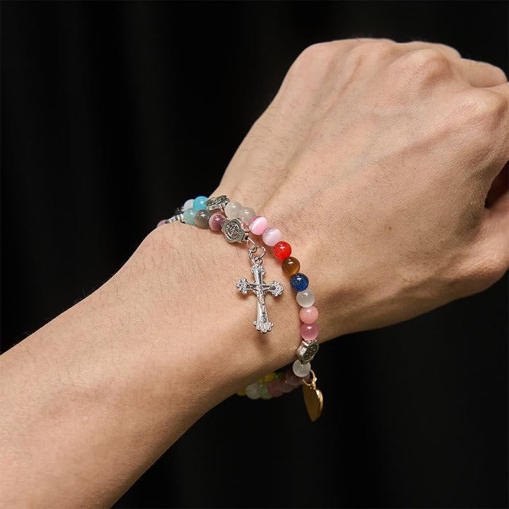 6mm Multicolor Cat's Eye Memory Wire Rosary Bracelet with St. Benedict Accents