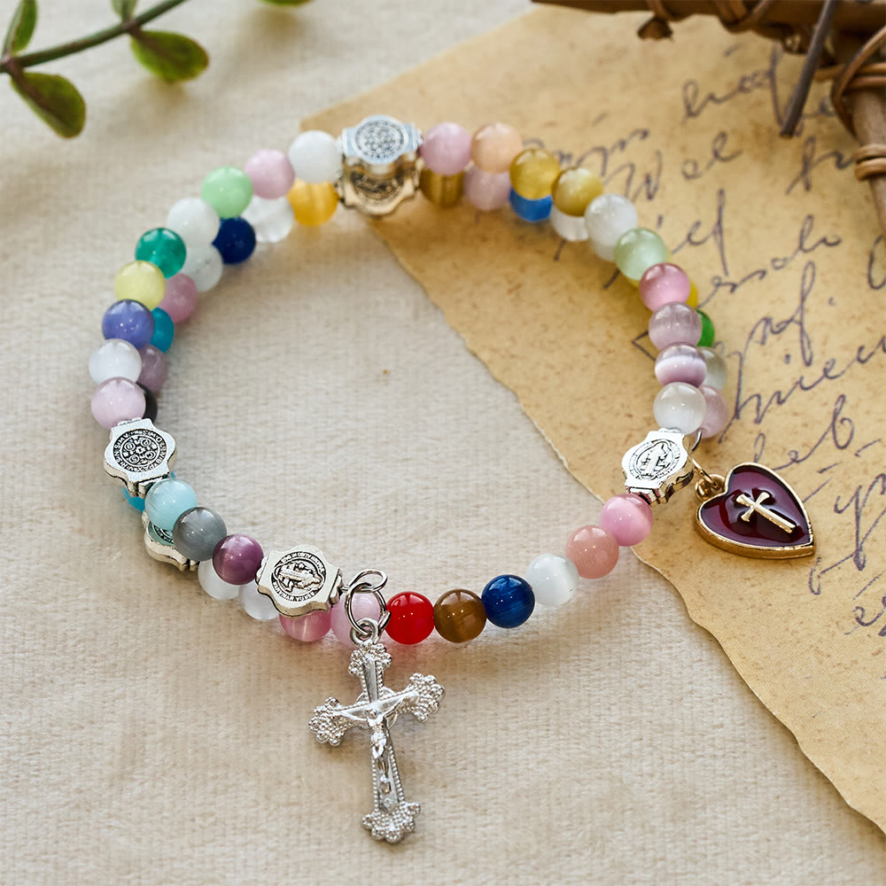 6mm Multicolor Cat's Eye Memory Wire Rosary Bracelet with St. Benedict Accents