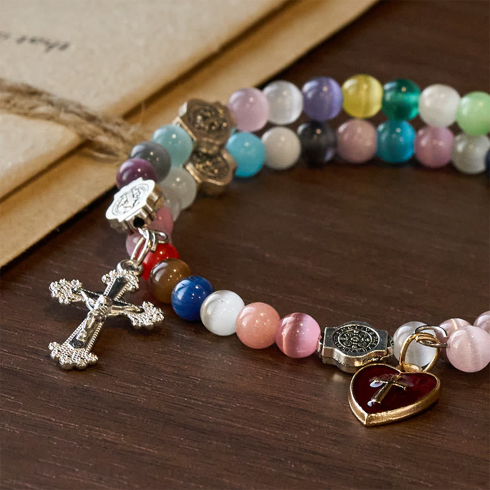 6mm Multicolor Cat's Eye Memory Wire Rosary Bracelet with St. Benedict Accents