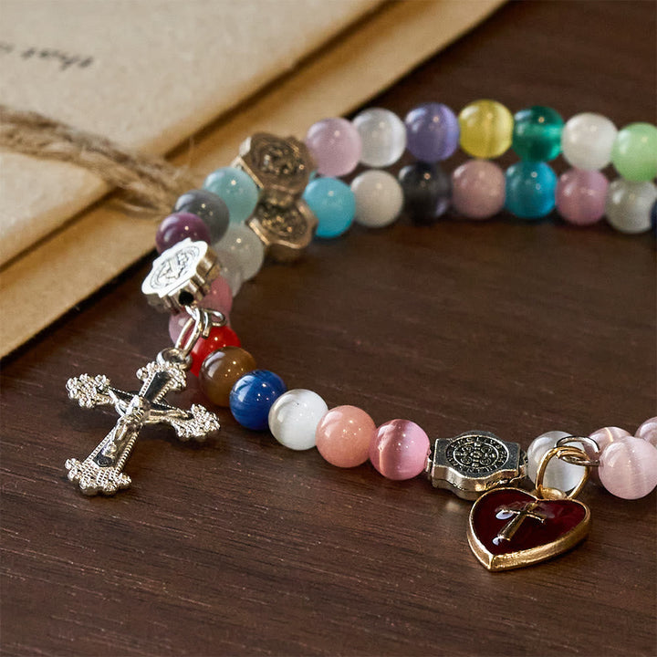 6mm Multicolor Cat's Eye Memory Wire Rosary Bracelet with St. Benedict Accents