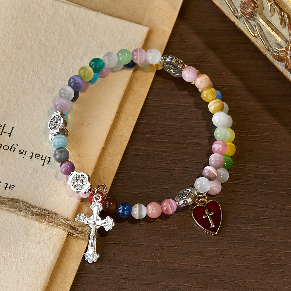 6mm Multicolor Cat's Eye Memory Wire Rosary Bracelet with St. Benedict Accents