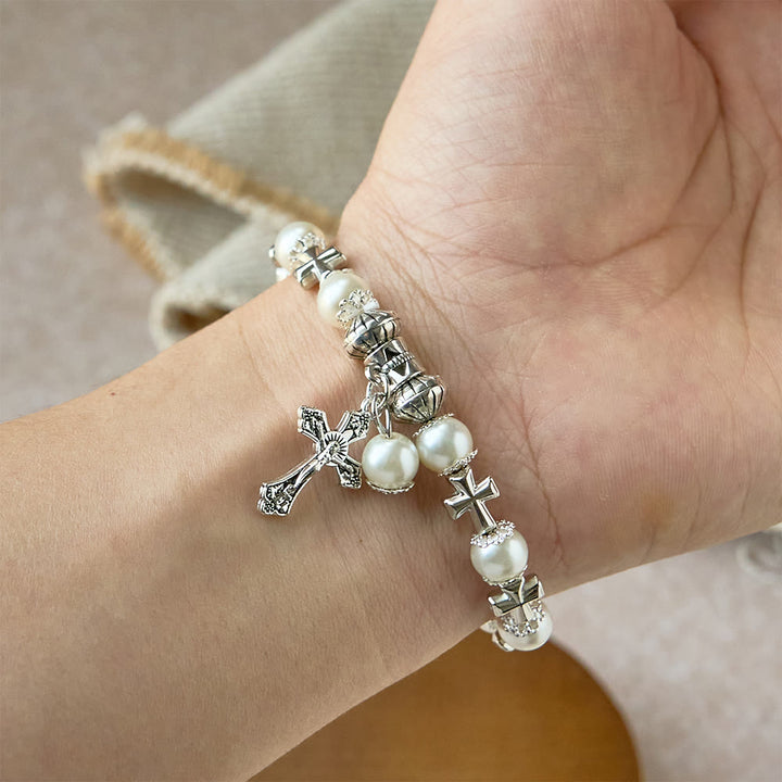 Silver Cross Accent Beaded Bracelet: Embody the Grace of Prayerful Reflection