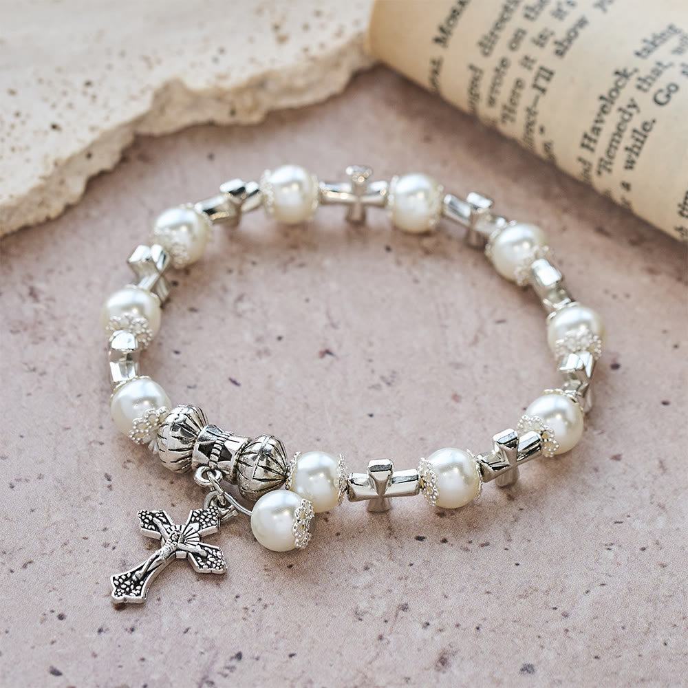 Silver Cross Accent Beaded Bracelet: Embody the Grace of Prayerful Reflection
