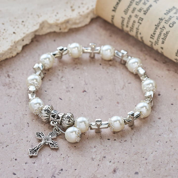 Silver Cross Accent Beaded Bracelet: Embody the Grace of Prayerful Reflection