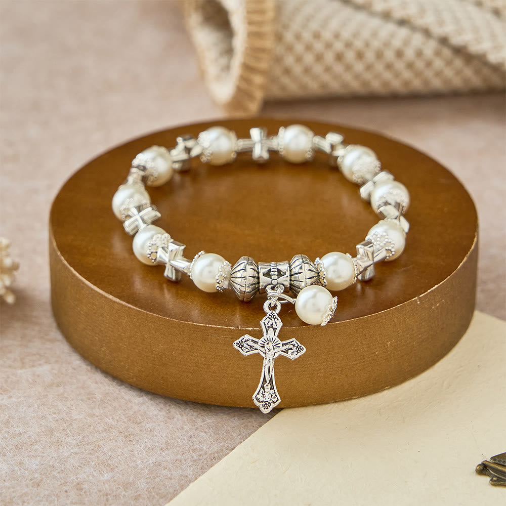 Silver Cross Accent Beaded Bracelet: Embody the Grace of Prayerful Reflection