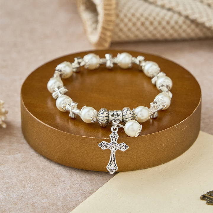 Silver Cross Accent Beaded Bracelet: Embody the Grace of Prayerful Reflection