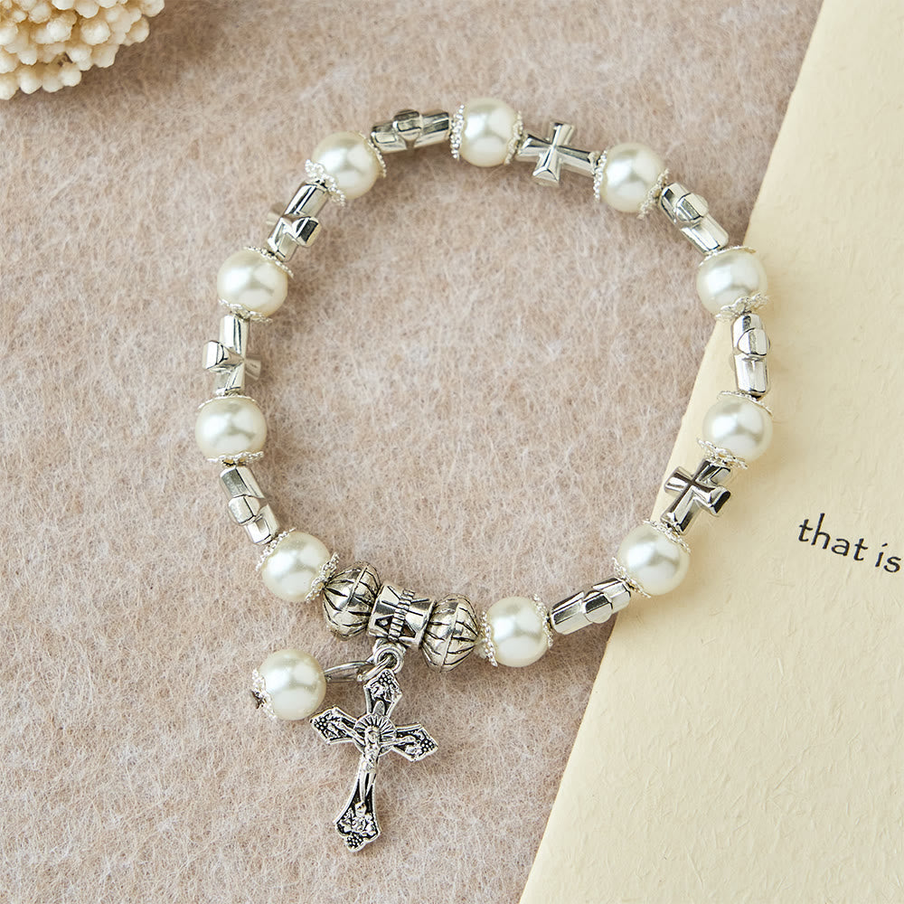 Silver Cross Accent Beaded Bracelet: Embody the Grace of Prayerful Reflection