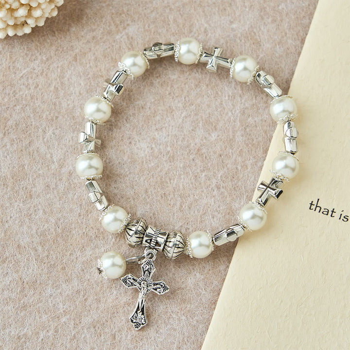 Silver Cross Accent Beaded Bracelet: Embody the Grace of Prayerful Reflection