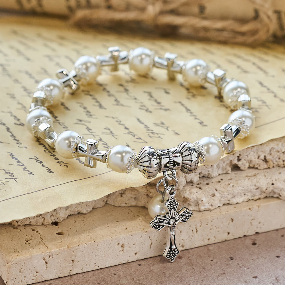 Silver Cross Accent Beaded Bracelet: Embody the Grace of Prayerful Reflection