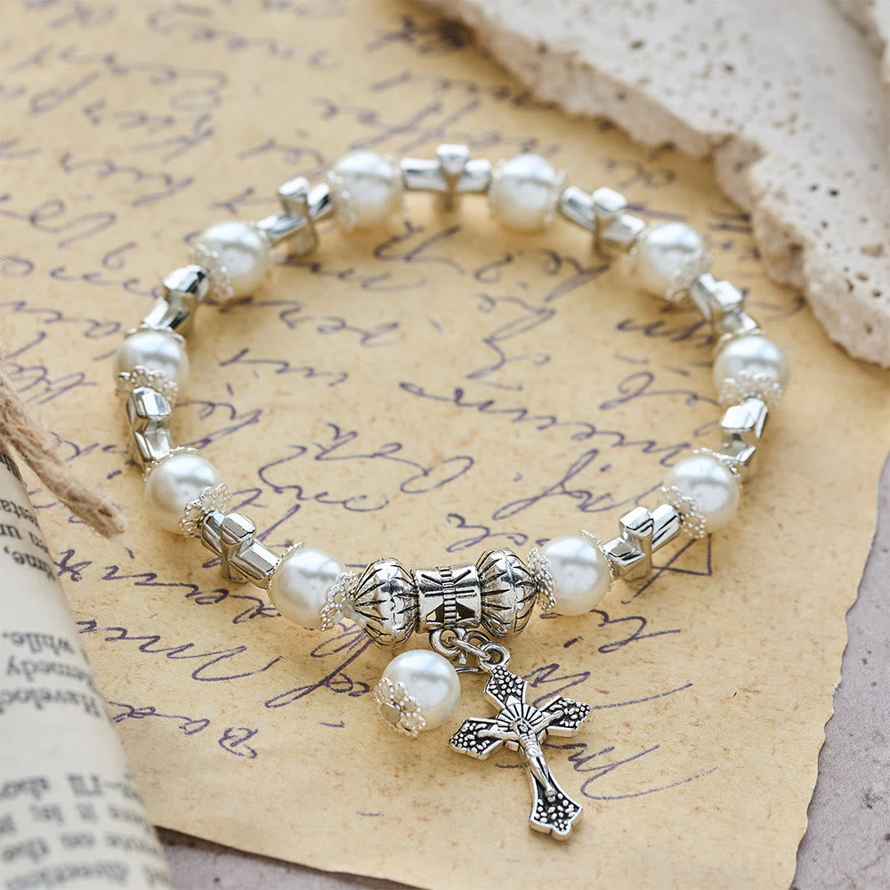 Silver Cross Accent Beaded Bracelet: Embody the Grace of Prayerful Reflection