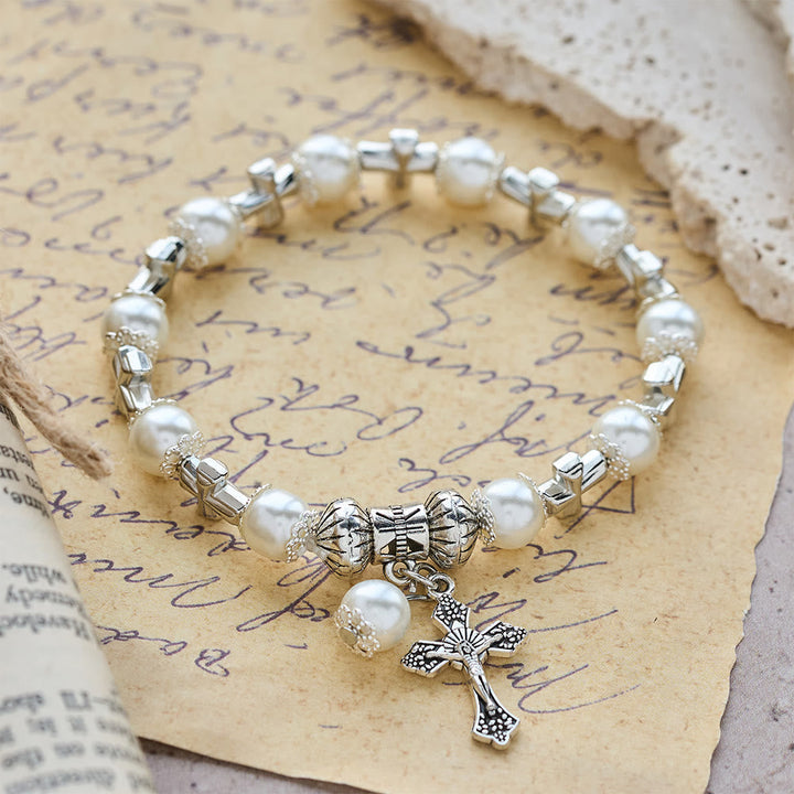 Silver Cross Accent Beaded Bracelet: Embody the Grace of Prayerful Reflection
