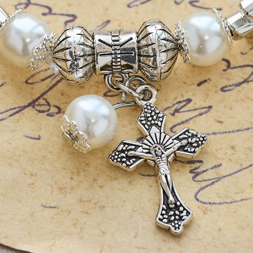 Silver Cross Accent Beaded Bracelet: Embody the Grace of Prayerful Reflection