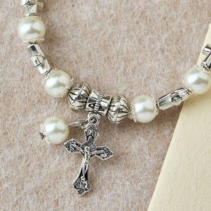 Silver Cross Accent Beaded Bracelet: Embody the Grace of Prayerful Reflection
