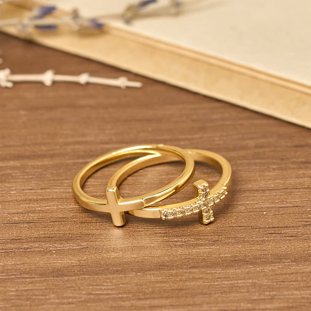 Dual Cross Ring Set: Polished Metal & Zircon-Encrusted Styles for Daily Devotion