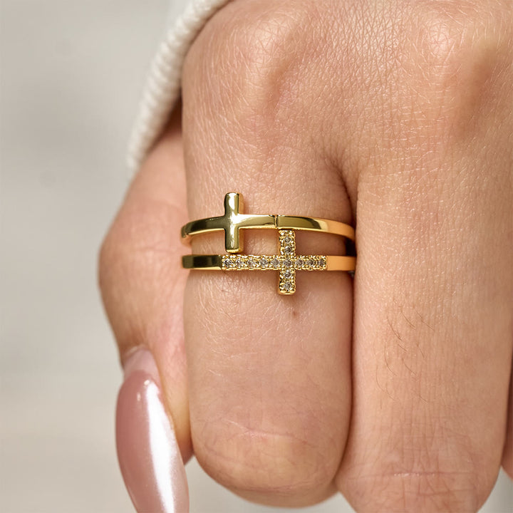 Dual Cross Ring Set: Polished Metal & Zircon-Encrusted Styles for Daily Devotion