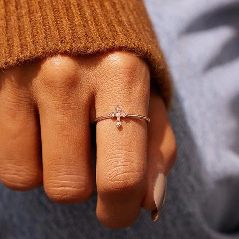 Zircon-Encrusted Cross Ring: Timeless Devotion in Golden, Silver, and Rosegold