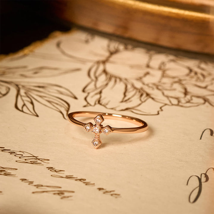 Zircon-Encrusted Cross Ring: Timeless Devotion in Golden, Silver, and Rosegold