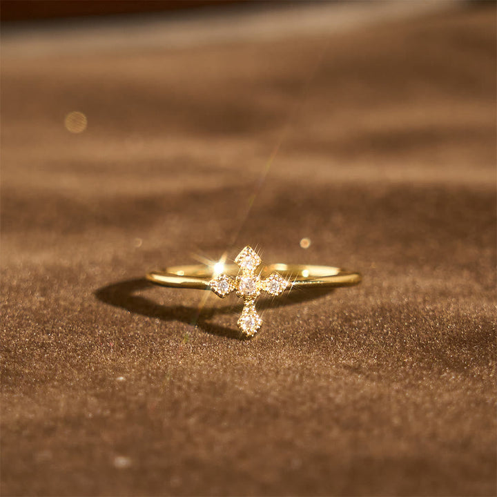Zircon-Encrusted Cross Ring: Timeless Devotion in Golden, Silver, and Rosegold