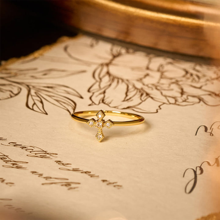 Zircon-Encrusted Cross Ring: Timeless Devotion in Golden, Silver, and Rosegold