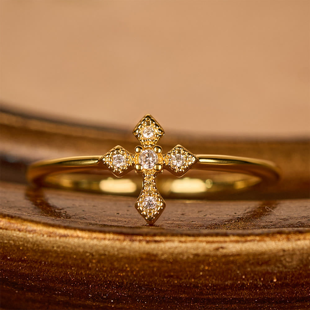 Zircon-Encrusted Cross Ring: Timeless Devotion in Golden, Silver, and Rosegold