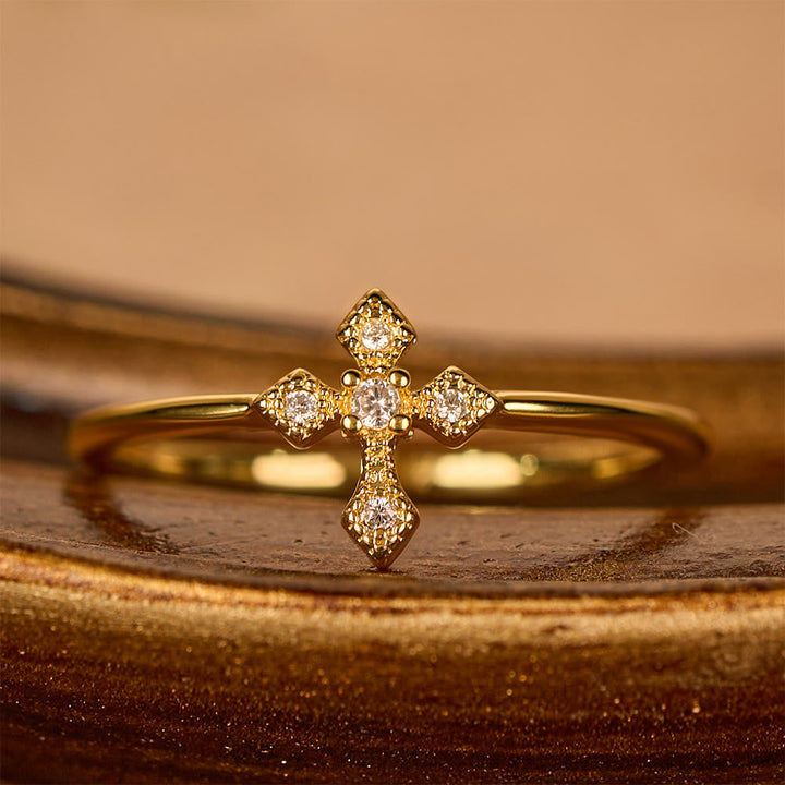 Zircon-Encrusted Cross Ring: Timeless Devotion in Golden, Silver, and Rosegold
