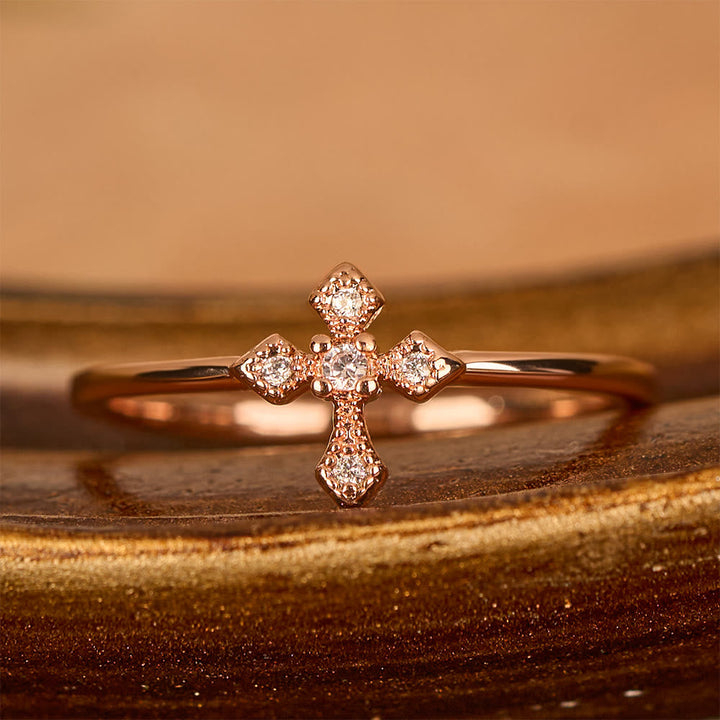 Zircon-Encrusted Cross Ring: Timeless Devotion in Golden, Silver, and Rosegold