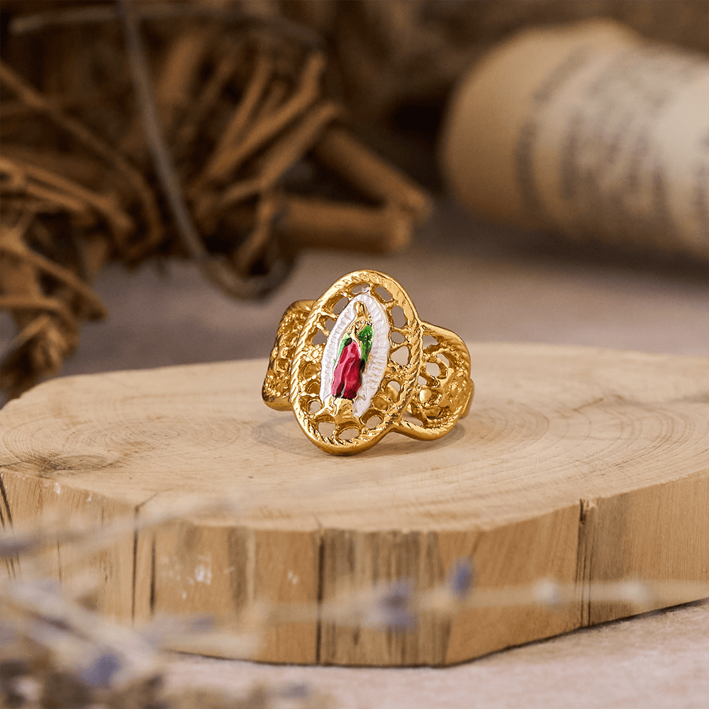 Ornate Openwork Our Lady Ring: Three Color Variations for Timeless Devotion
