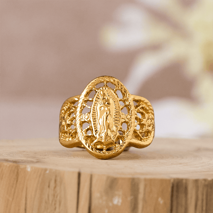 Ornate Openwork Our Lady Ring: Three Color Variations for Timeless Devotion