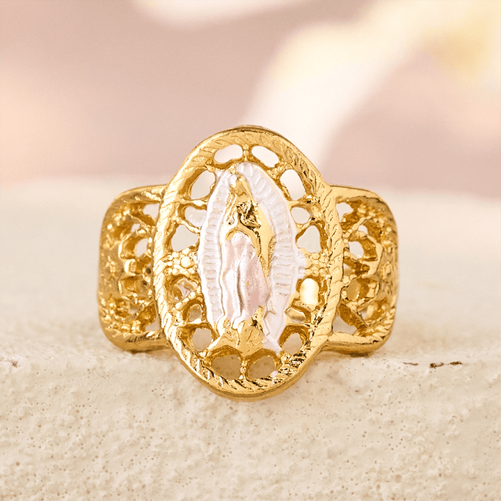 Ornate Openwork Our Lady Ring: Three Color Variations for Timeless Devotion