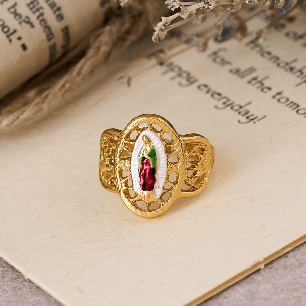 Ornate Openwork Our Lady Ring: Three Color Variations for Timeless Devotion