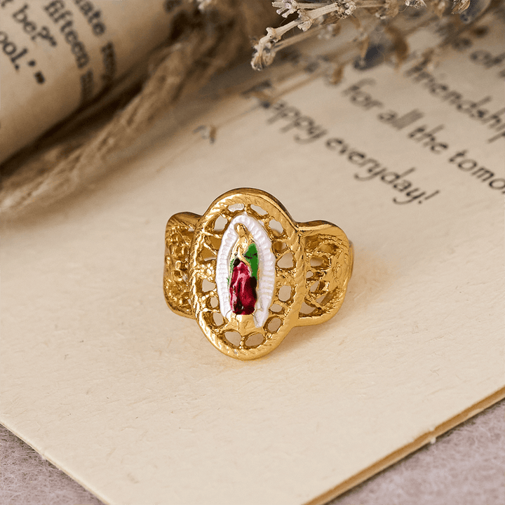 Ornate Openwork Our Lady Ring: Three Color Variations for Timeless Devotion