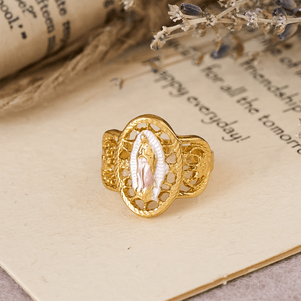 Ornate Openwork Our Lady Ring: Three Color Variations for Timeless Devotion