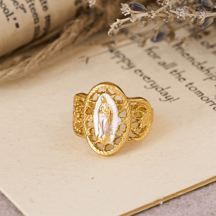 Ornate Openwork Our Lady Ring: Three Color Variations for Timeless Devotion