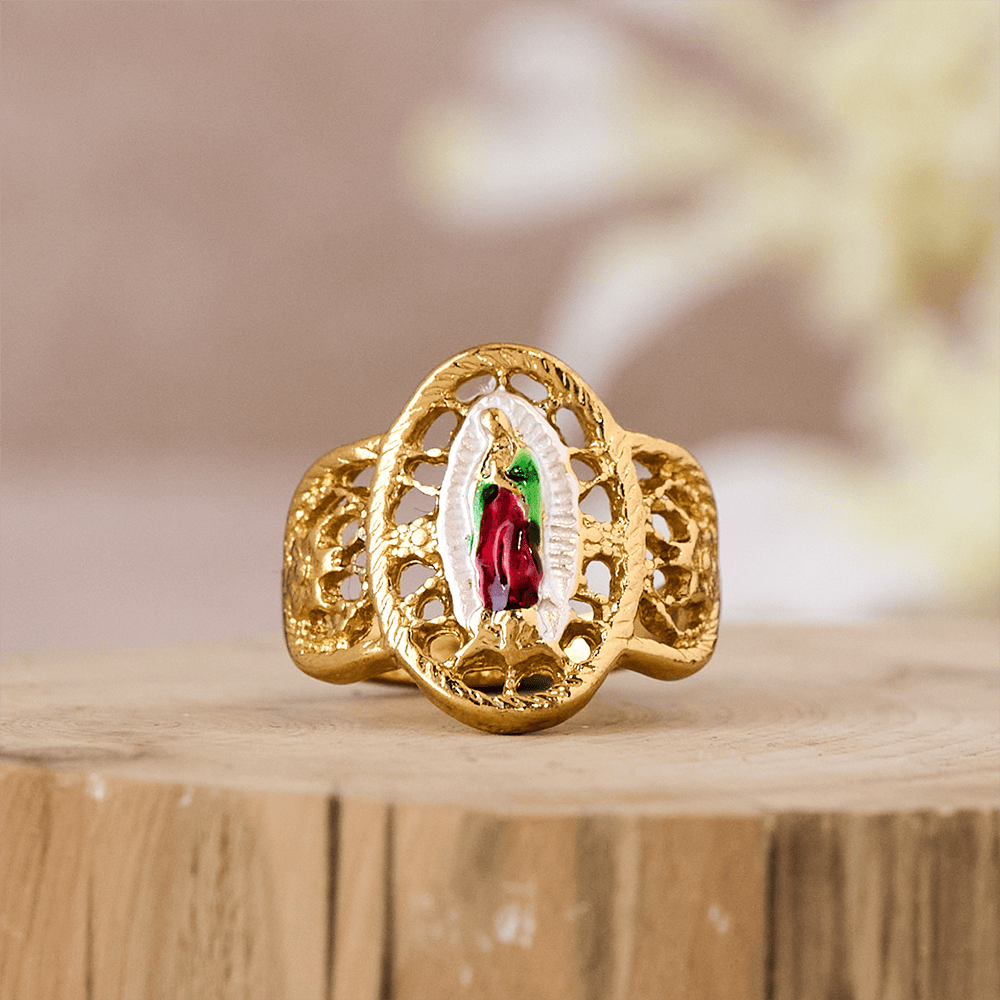 Ornate Openwork Our Lady Ring: Three Color Variations for Timeless Devotion