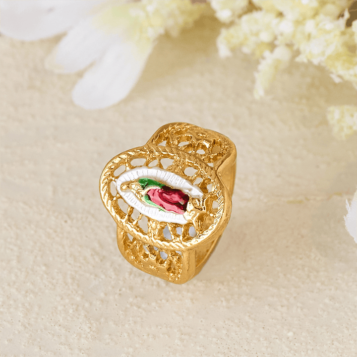 Ornate Openwork Our Lady Ring: Three Color Variations for Timeless Devotion