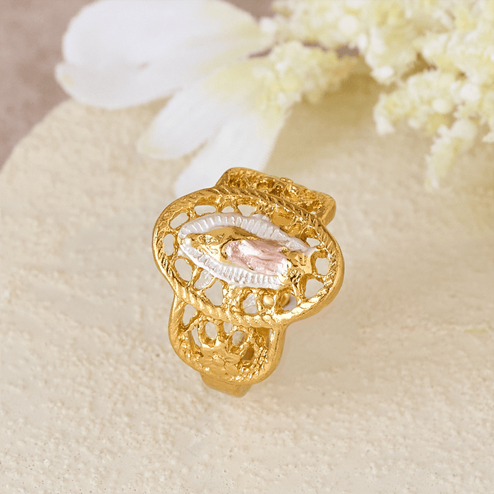 Ornate Openwork Our Lady Ring: Three Color Variations for Timeless Devotion