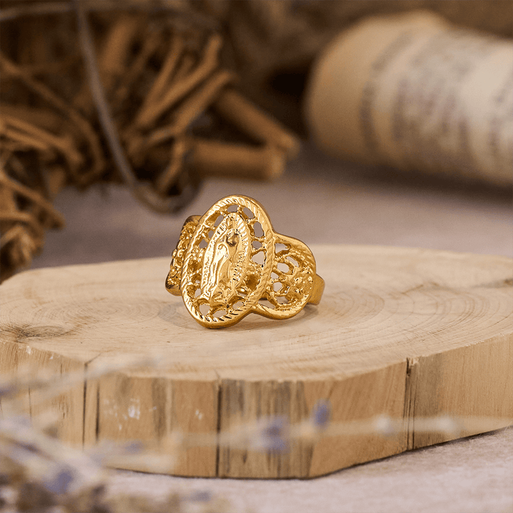 Ornate Openwork Our Lady Ring: Three Color Variations for Timeless Devotion