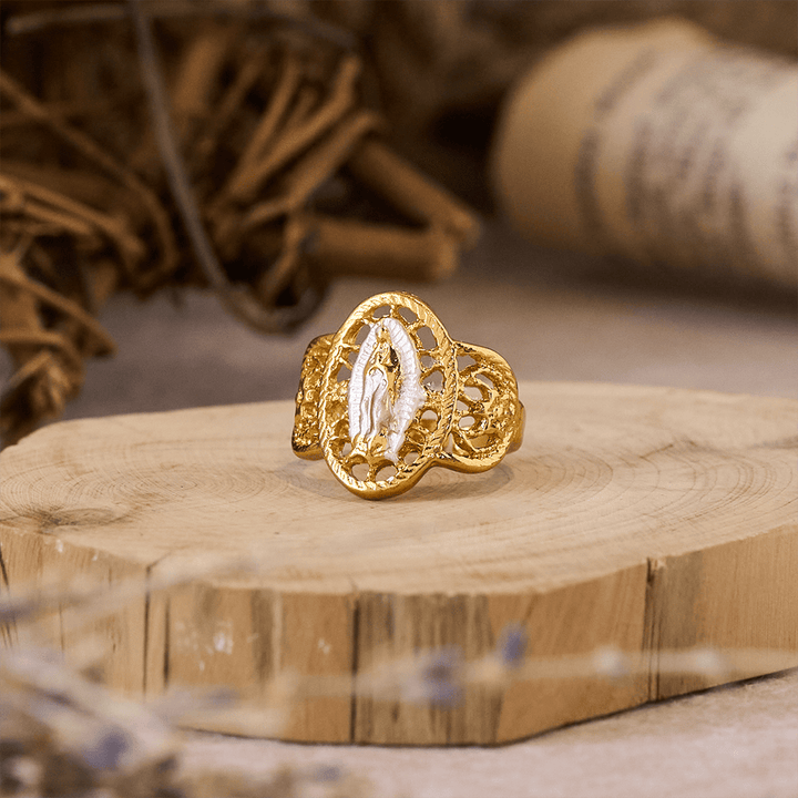 Ornate Openwork Our Lady Ring: Three Color Variations for Timeless Devotion
