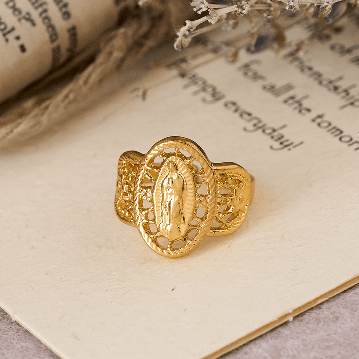 Ornate Openwork Our Lady Ring: Three Color Variations for Timeless Devotion
