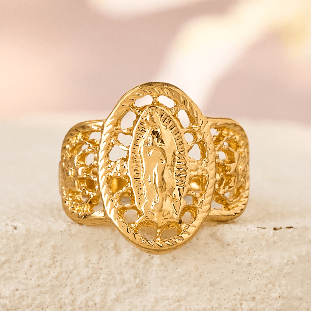 Ornate Openwork Our Lady Ring: Three Color Variations for Timeless Devotion