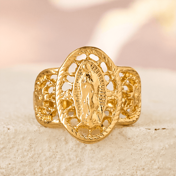 Ornate Openwork Our Lady Ring: Three Color Variations for Timeless Devotion