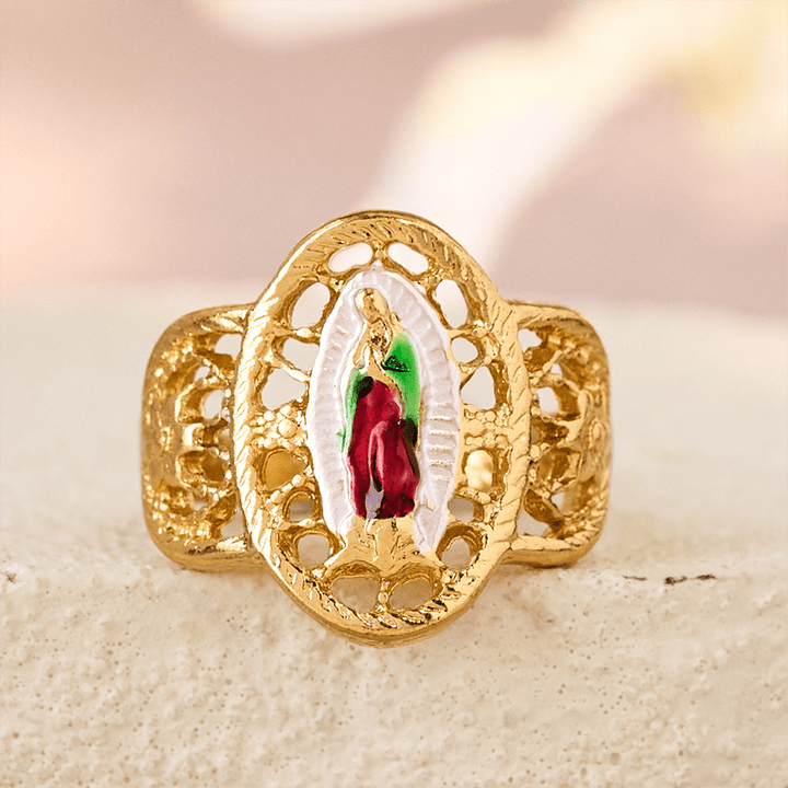 Ornate Openwork Our Lady Ring: Three Color Variations for Timeless Devotion