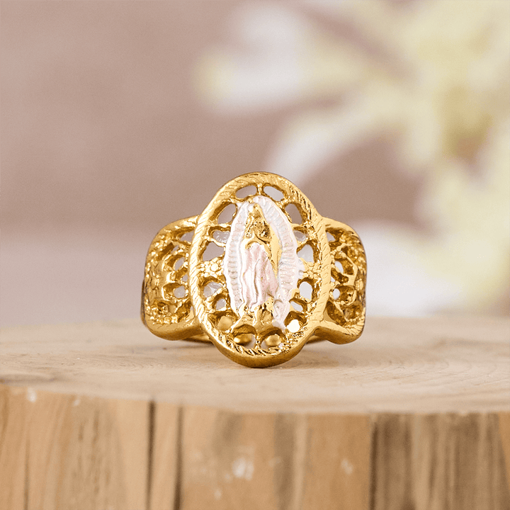 Ornate Openwork Our Lady Ring: Three Color Variations for Timeless Devotion