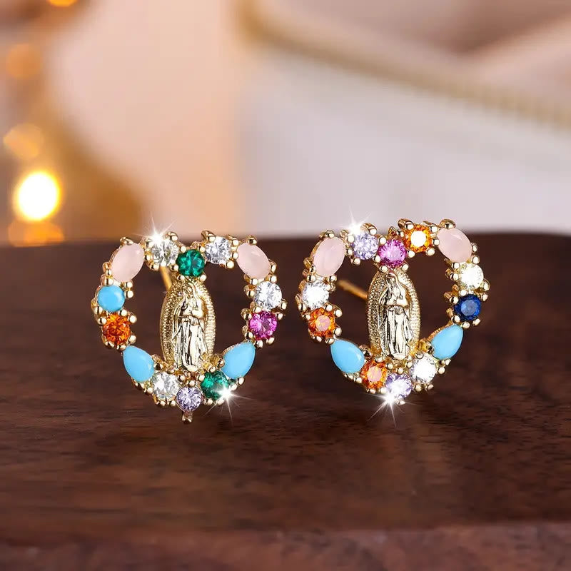 Heart-Shaped Our Lady Stud Earrings: Colorful Zircon & Clear Sparkling Styles VIP