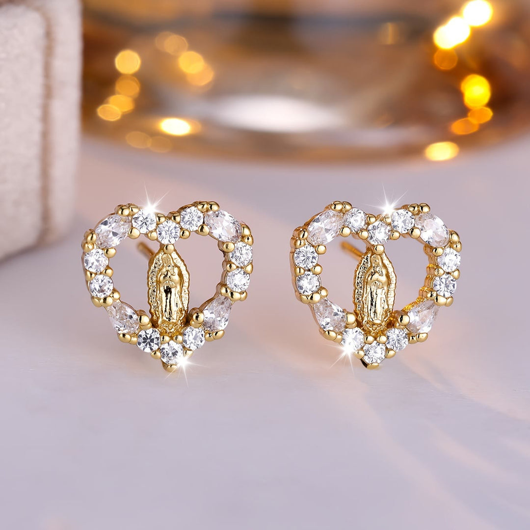 Heart-Shaped Our Lady Stud Earrings: Colorful Zircon & Clear Sparkling Styles VIP