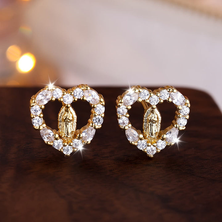 Heart-Shaped Our Lady Stud Earrings: Colorful Zircon & Clear Sparkling Styles
