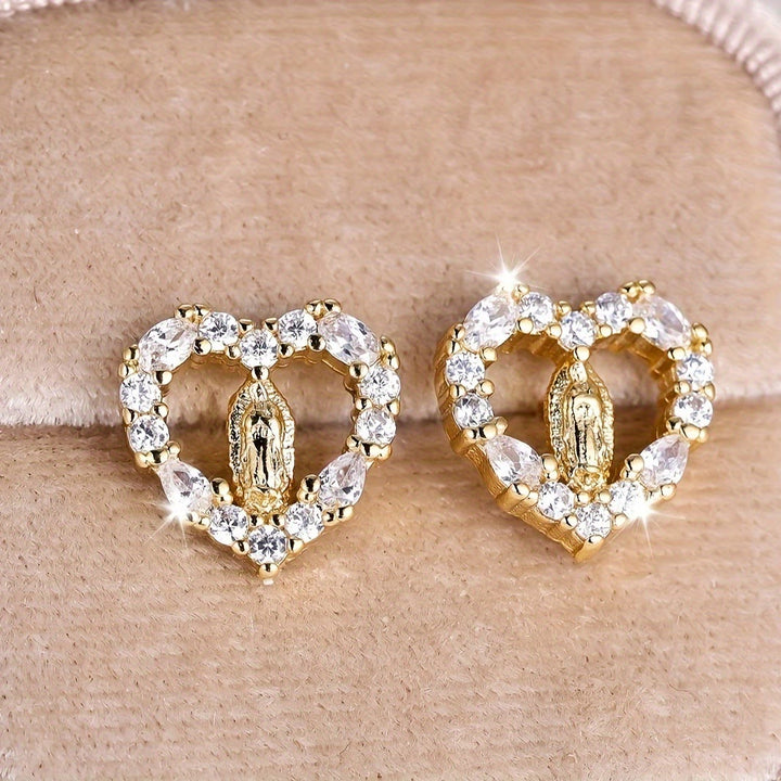 Heart-Shaped Our Lady Stud Earrings: Colorful Zircon & Clear Sparkling Styles VIP