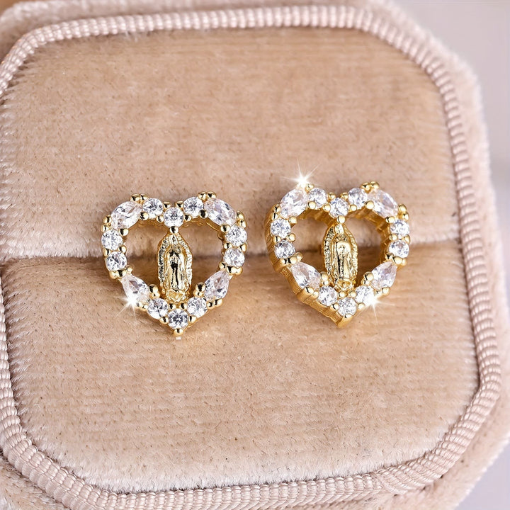 Heart-Shaped Our Lady Stud Earrings: Colorful Zircon & Clear Sparkling Styles